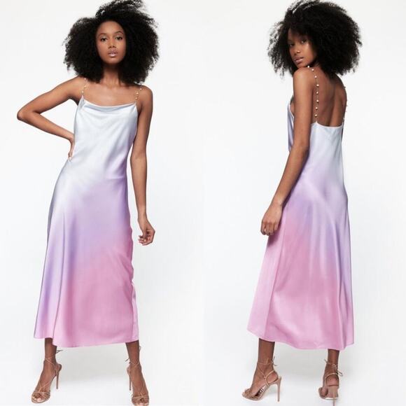 CAMI NYC Silk Beaded Chain Strap Cowlneck Shallon Slip Dress L Candy Ombre - Picture 2 of 11